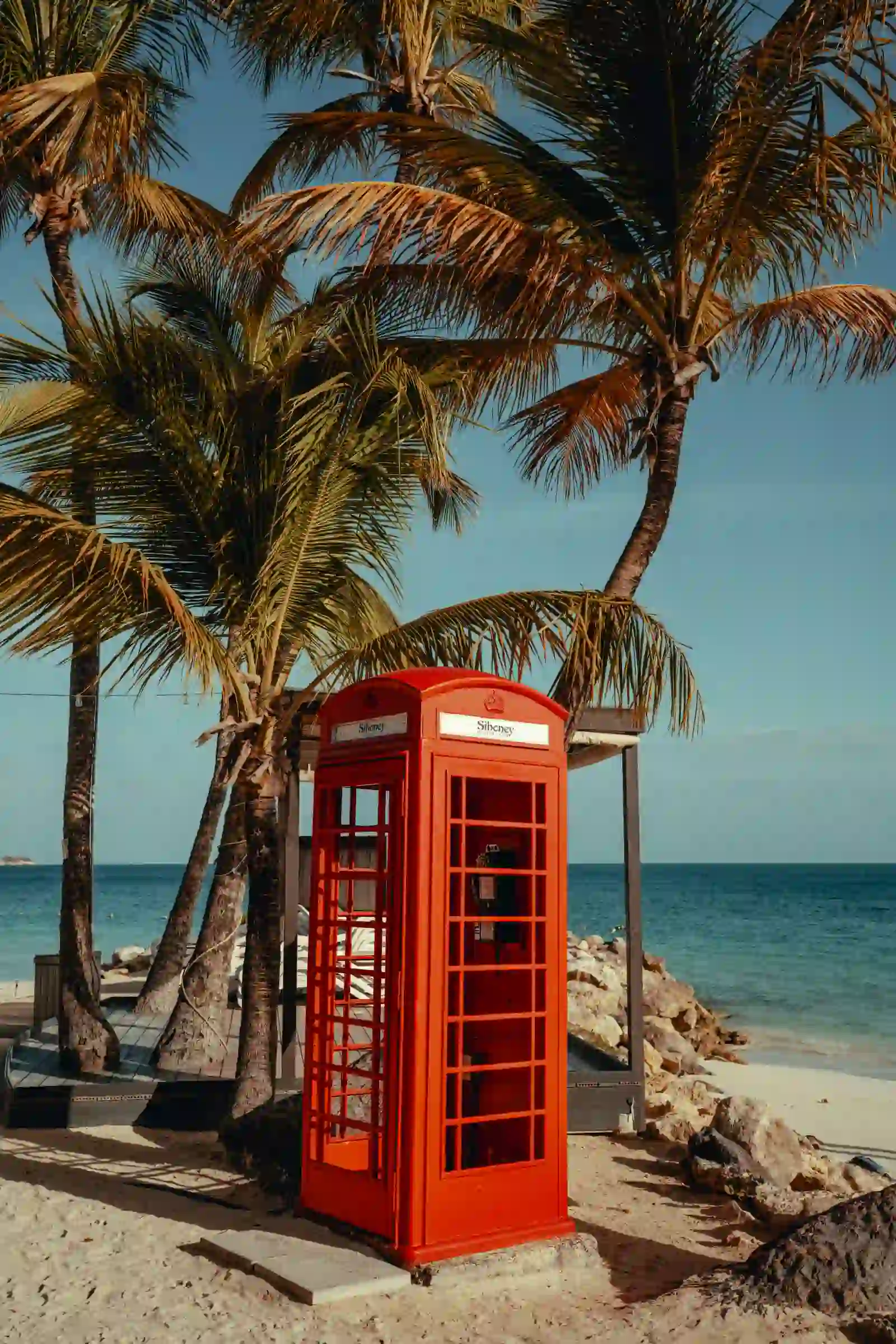 Red phone booth under palm trees on a beach